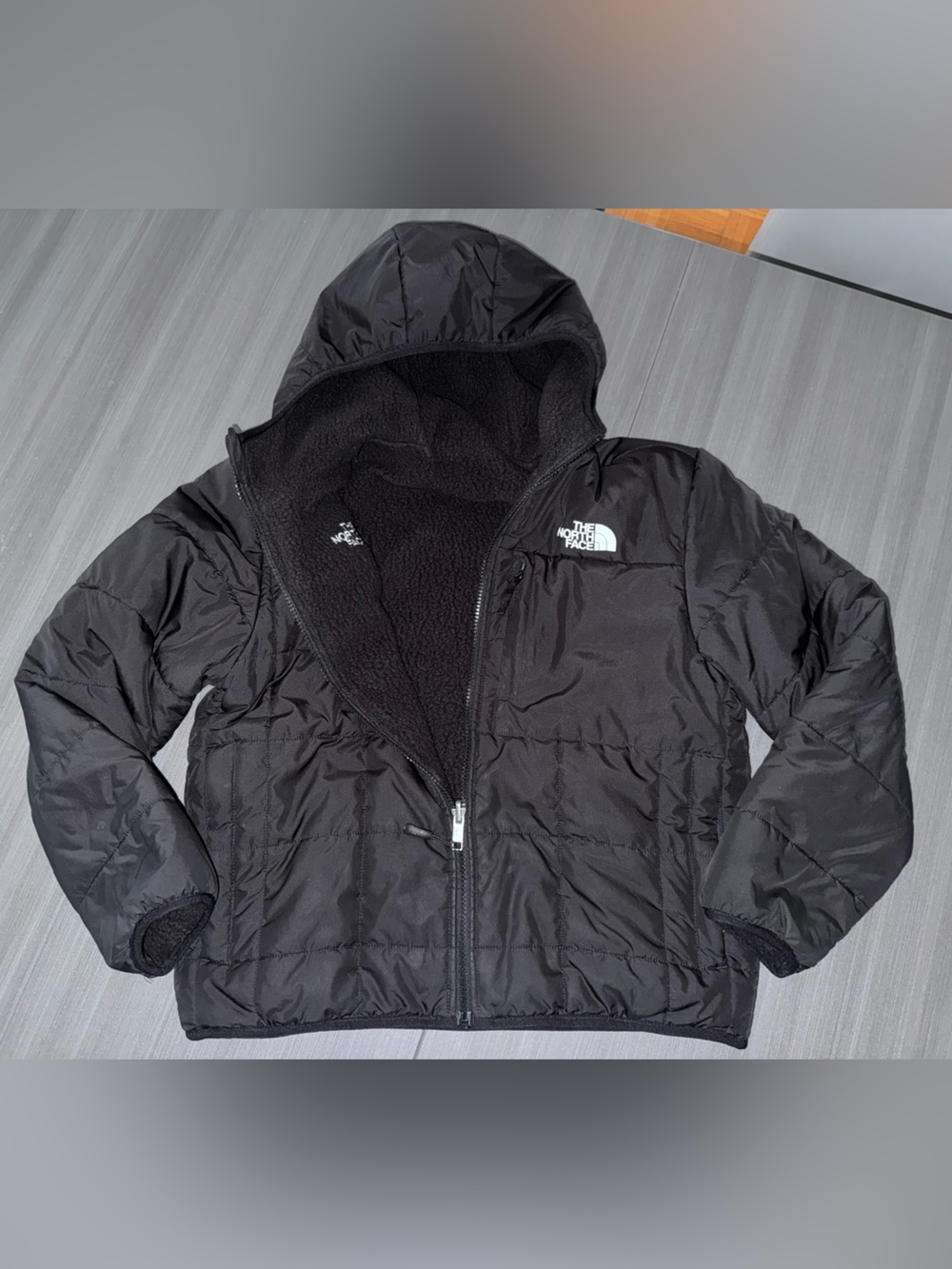 The North Face Boys' Reversible Shasta Full Zip Hooded Jacket — Black Sherpa
